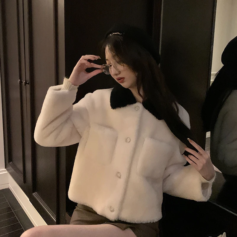 

Теплая зимняя куртка из овечьей шерсти с кожаными вставками и мехом, короткое пальто для женщин, для повседневной носки, с пуговицами, утепленное, длинное