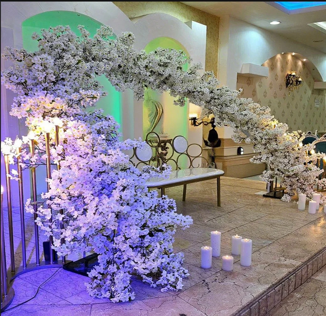 

Party Wedding Stage Backdrop Decoration White Artificial Cherry Blossoms Arch Curve Shape Metal Backdrop Stand Flower Backdrop