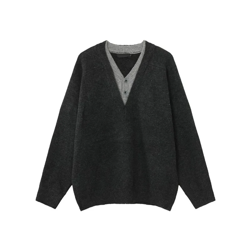 Wool Yarn Deep V-neck Sweater Men's 2025 Autumn and Winter New Item Solid Color High-end Knitted Sweater Splicing Commuting WF