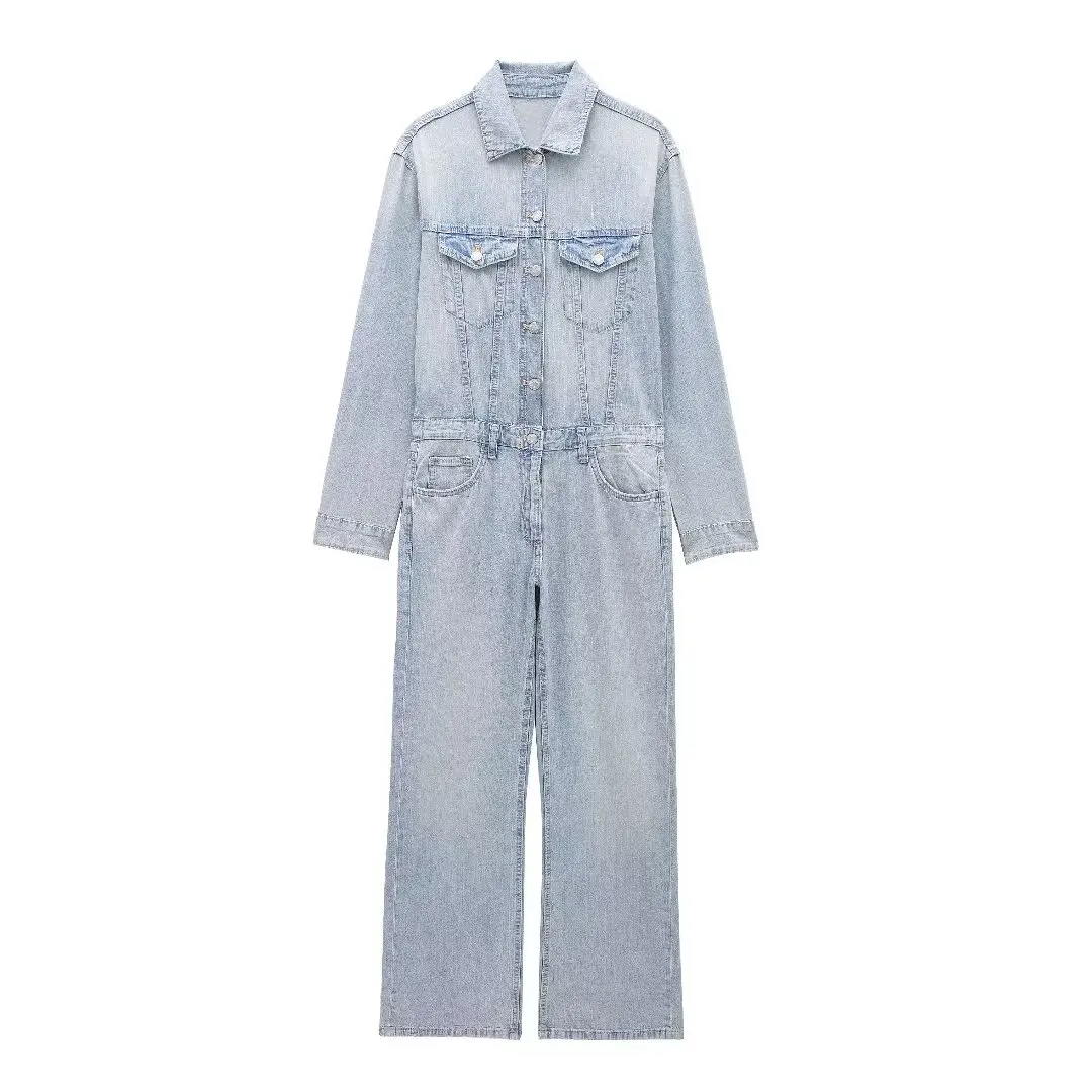 Tangada 2024 Fashion Women Denim Jumpsuit Pocket Long Sleeve Female Elegant Jumpsuit 3H0772