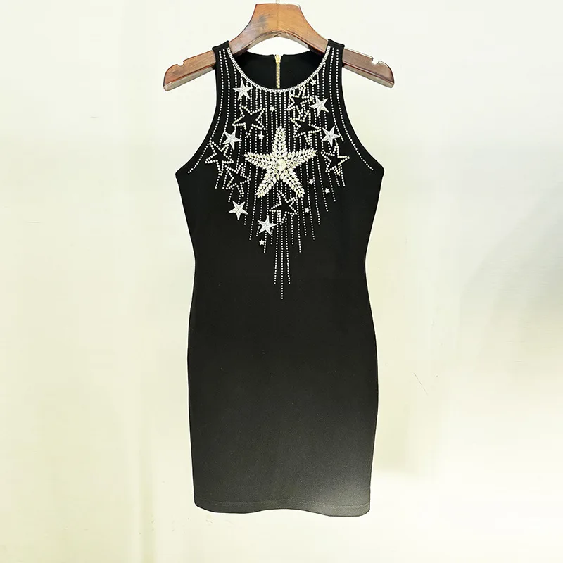 

2024 Europe and the United States fashion new star embroidery heavy industry nail bead elastic tight sleeveless vest dress