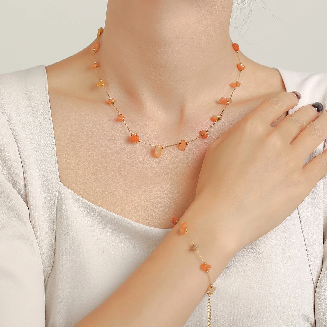 Orange Red Necklace Bracelet Women Set Stainless Steel Natural Stones Beaded Pendant Female Necklaces Luxury Jewelry