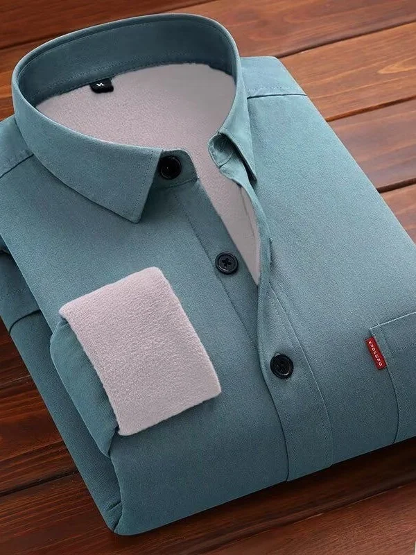 High-End Men's Long Sleeve Fleece Lined Thickened Casual Work Shirt Loose Fit Iron-Free Autumn Winter Outerwear Fashionable