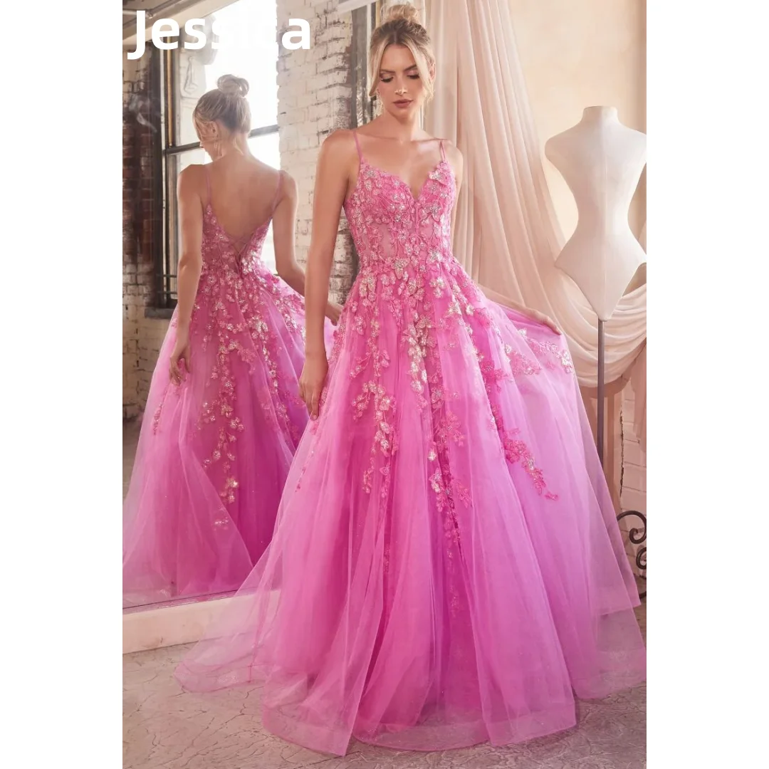 

Jessica Pink Lace Embroidery Prom Dresses Glitter Tulle Flowers Evening Dresses Ladies Wedding Party Dresses 2024 Wedding Dress