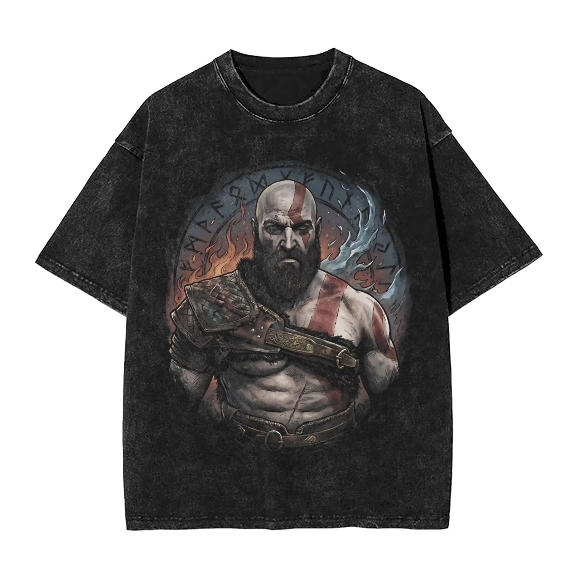 Kratos Leviathan Axe Warrior God of War T Shirt Hip Hop Washed Short Sleeve Oversize T-Shirts  Vintage Men Women Streetwear