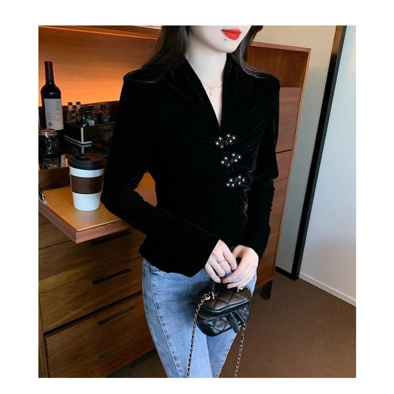 Bottoming Velvet Shirt for Women in Autumn Winter New Chinese Style Button V-neck Inner Top Shirt