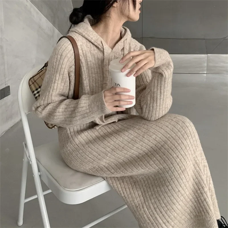 Women Hooded Knit Long Dresses Thick Straight Splice Dress Solid Full Sleeve Casual Knitted Vintage Office Lady Autumn Winter