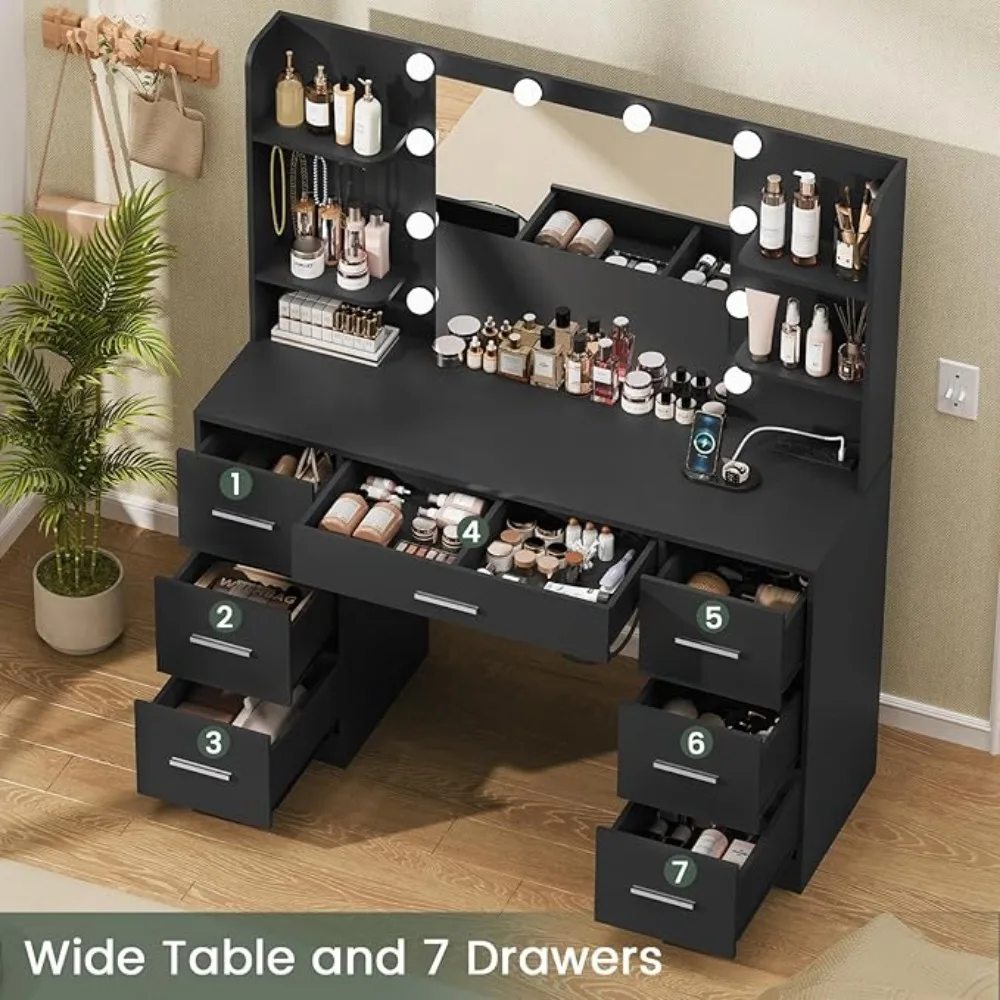 Large Vanity Desk with LED Lighted Mirror & Power Outlet, Makeup Vanity Table with 7 Drawers,4 Shelves and 5 Hooks, Vanity Table