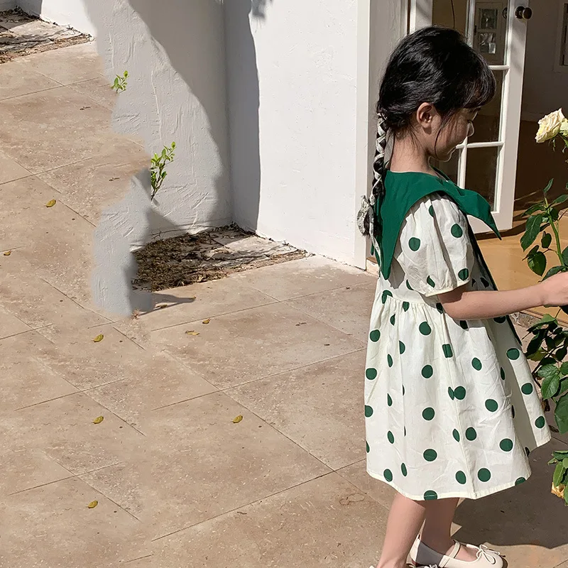 فستان أنيق للفتيات رقصة البولكا دوت ، ملابس أطفال كورية ، أكمام فانوس ، قوس عالي الجودة ، فستان دمية على طراز الأكاديمية ، جديد