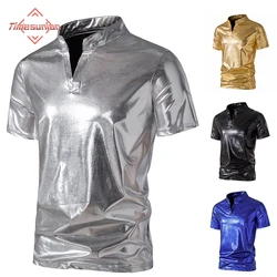 Mens Hipster Glossy Gold Short Sleeve Polo Shirt Henry Collar 70s Disco Nightclub Party T-Shirts