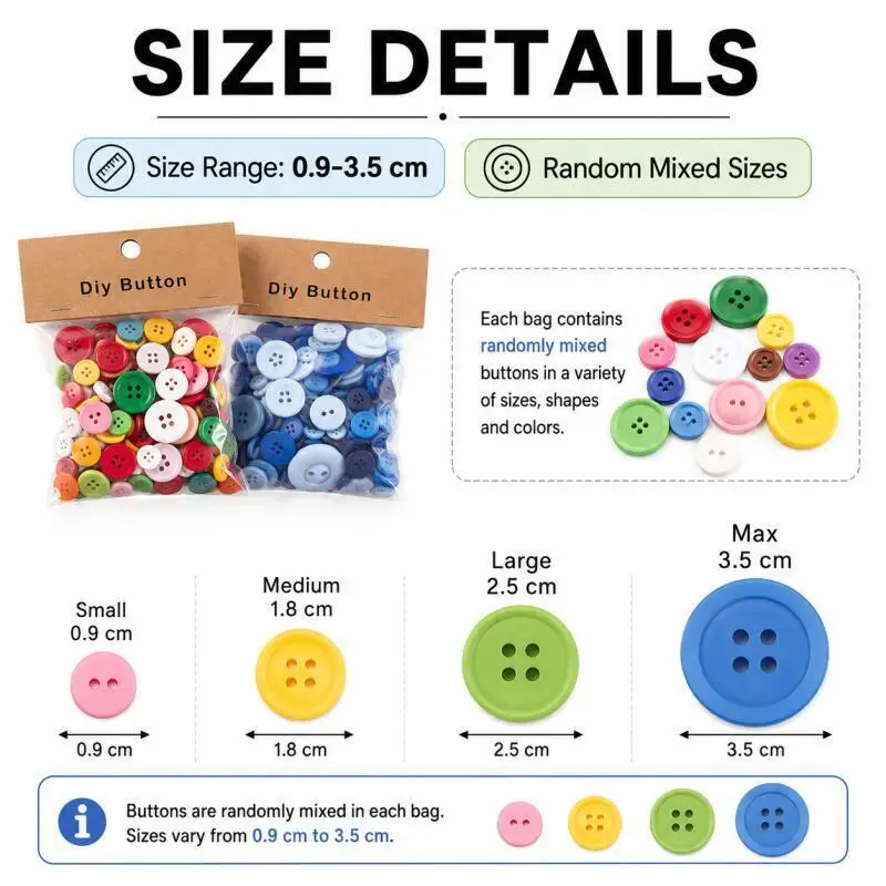 150g/Packung 0,9-3,5cm runde Harzknöpfe in gemischten Farben, handgefertigte Knöpfe mit 2/4 Löchern, geeignet für DIY-Nähzubehör. – Detail 2