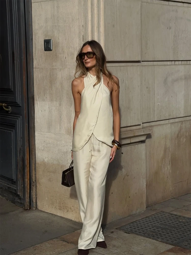 Cross Straps Halter Top Pant Set Women Chic Fashion Sleeveless Top Straight-leg Pants Suit Casual Lady New Street Commute Sets