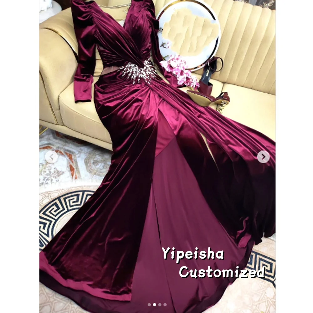 

Customized Trendy Full Sleeves Formal Evening Dress Rhinestones High Side Slit Velour Backless Sweep Train Vestidos