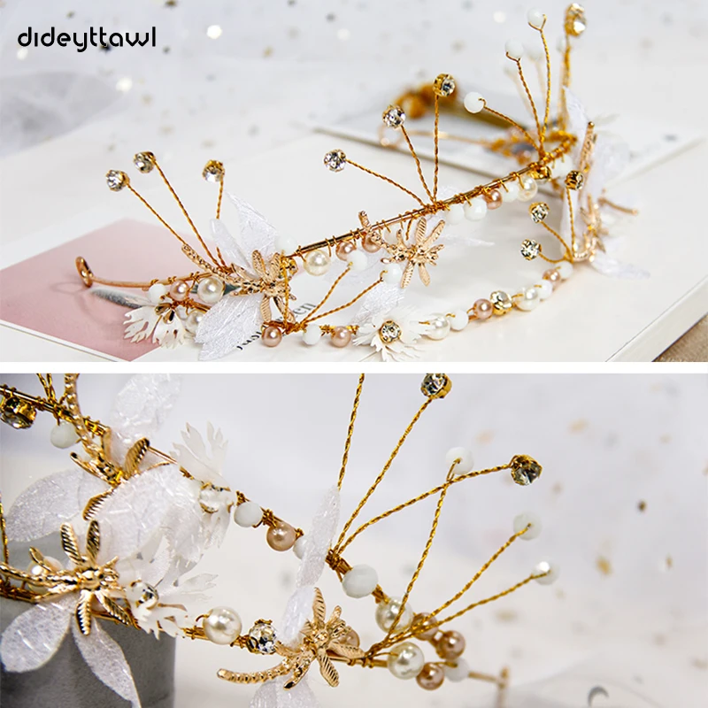 Dideyttawl Gold Metall Blumen Mädchen Headwear Prinzessin Mädchen Tiara Für Hochzeit Geburtstag Party Strass Haar Zubehör