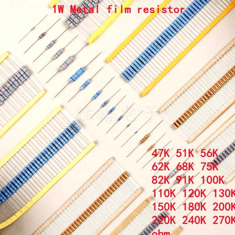 

20pcs 1W Metal film resistor 1% 47K 51K 56K 62K 68K 75K 82K 91K 100K 110K 120K 130K 150K 180K 200K 220K 240K 270K ohm