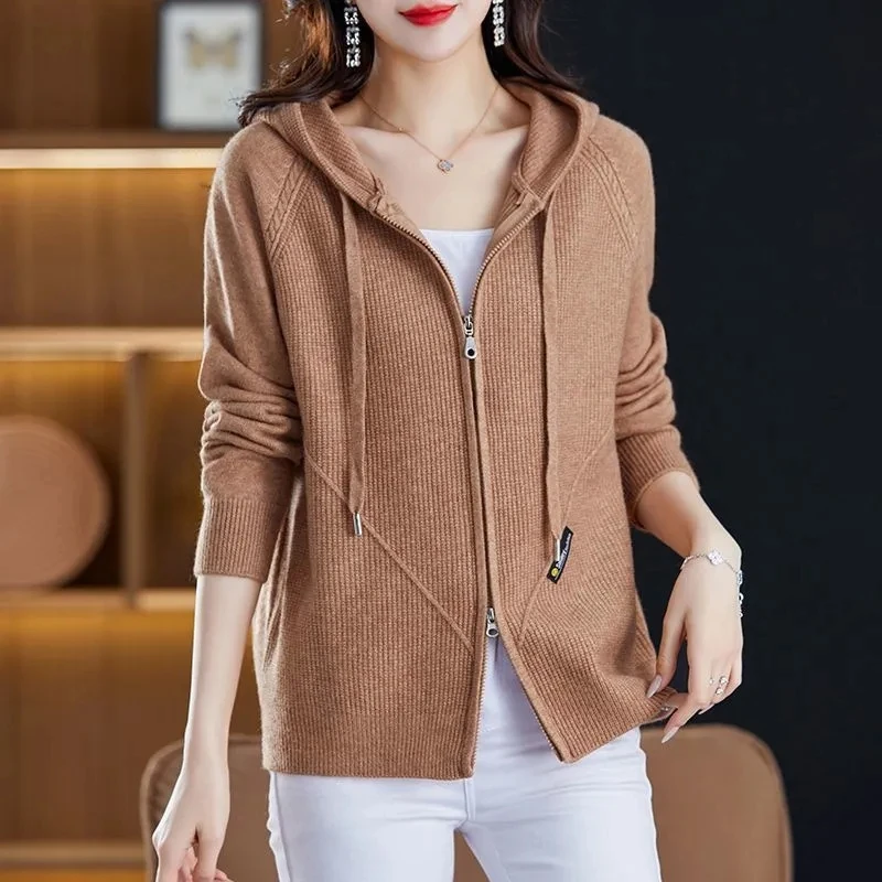 Spring Autumn Knitted Sweater Cardigan Jacket Women Solid Hooded Zipper Sweater Coat Female Knitwear Casual Tops Female Jackets