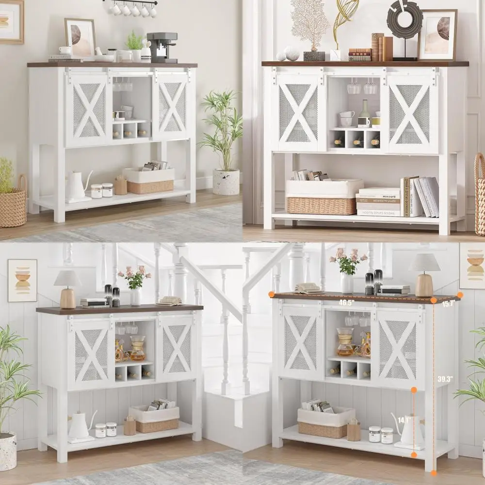 

White Wine Bar Cabinet with Storage and Glass Rack for Kitchen, Dining, Living Room