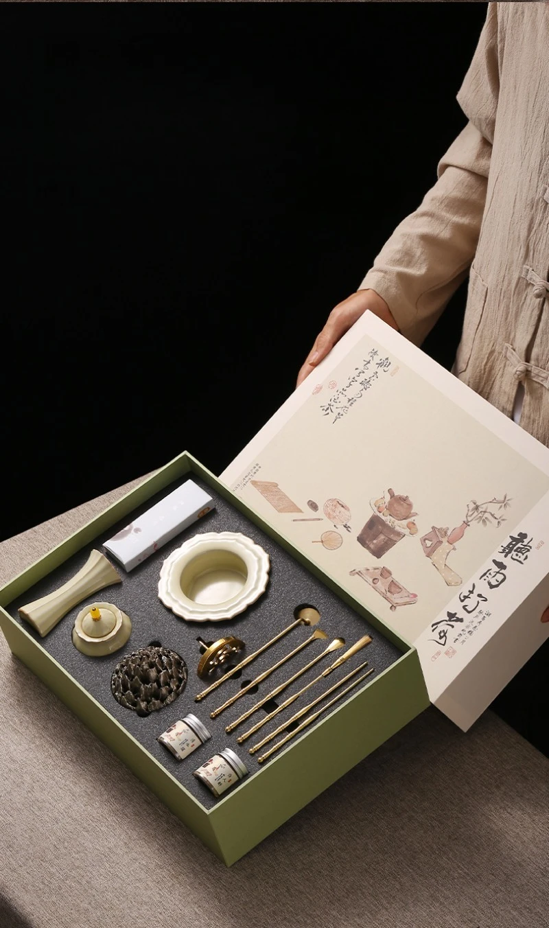 14Pcs Incense Seal Kit Gift Set Celadon Burner & Brass Tools Traditional Chinese Incense Art DIY Home Fragrance Making Decor