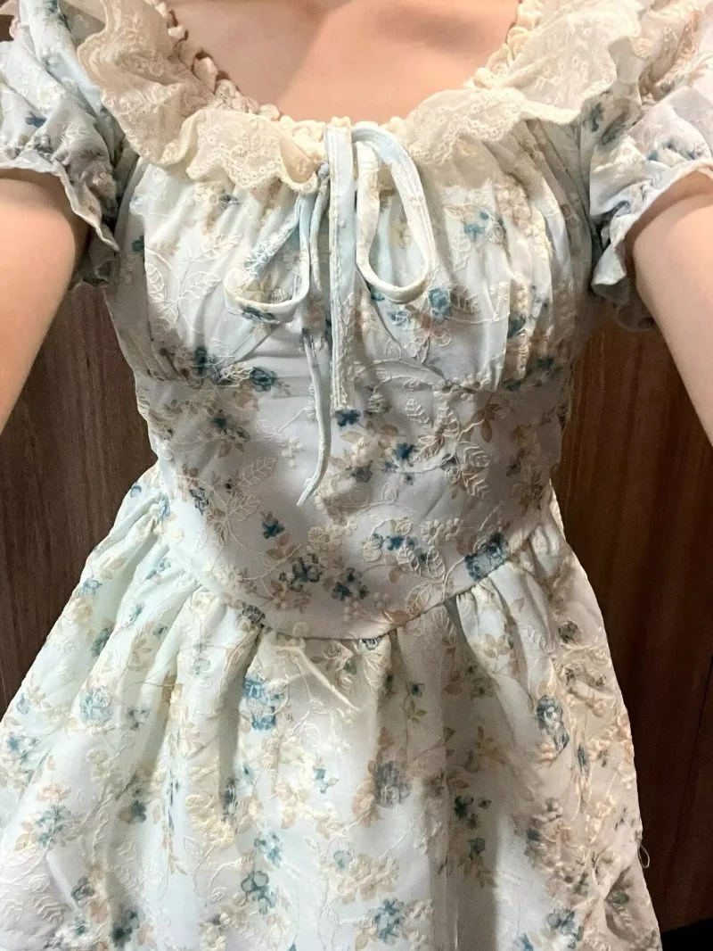 Princess Style Floral Dress for Women Summer New Women Clothing Sweet Cute Bubble Sleeves Multi-layer Pleated Lace Cake Dresses