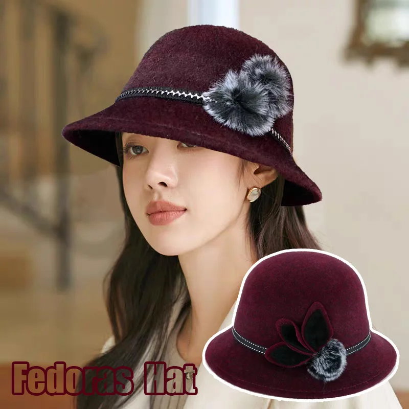 Winter Bow Fedora Hat Women Flap Brim Felt Hat Retro Wine Red Jazz Cap Ribbon Band Decorated Wool Wedding Church Bowler Dome Hat