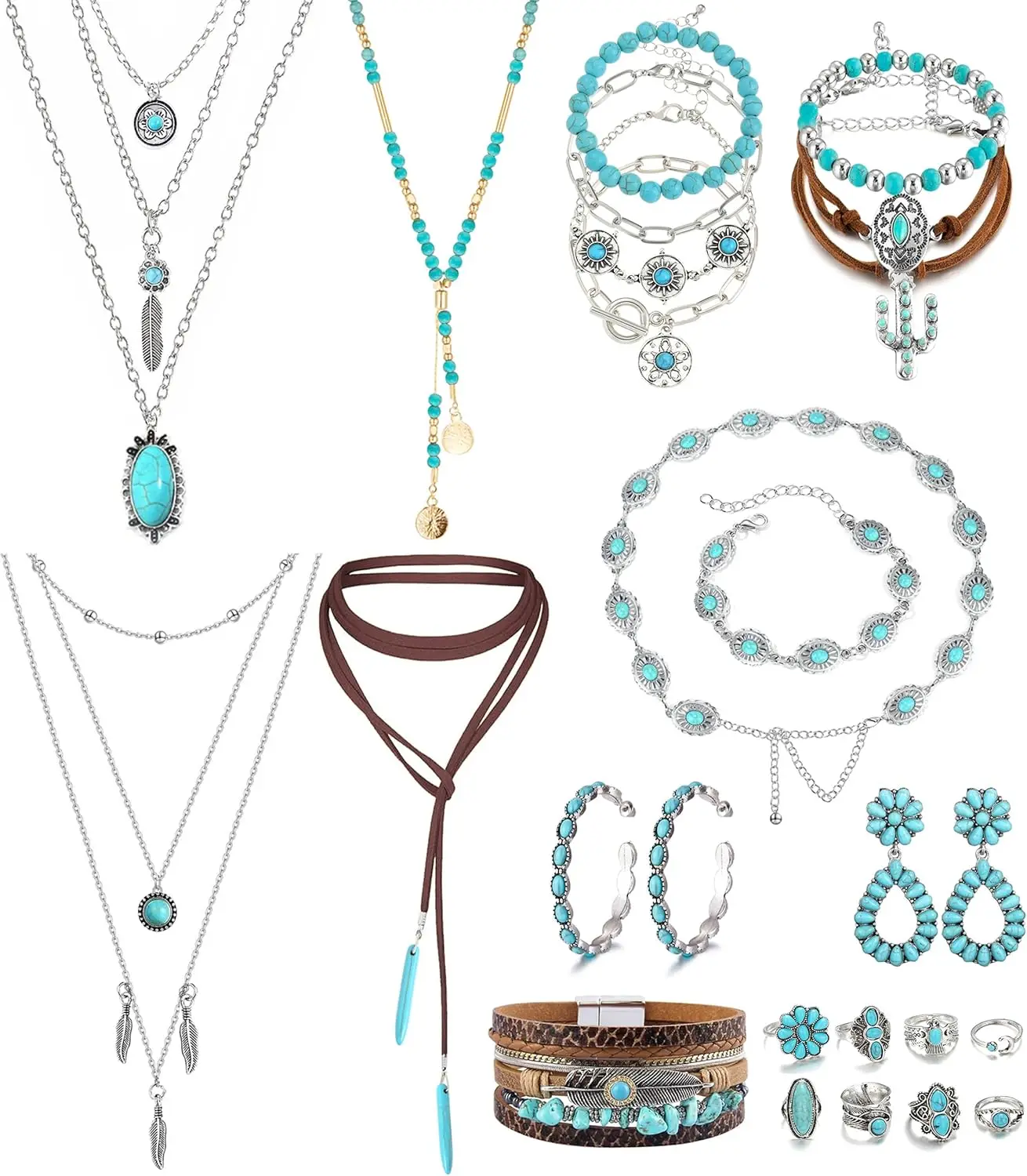 

Bohemian Turquoise Layered Necklace Bracelet Belt Ring Earrings Set for Women