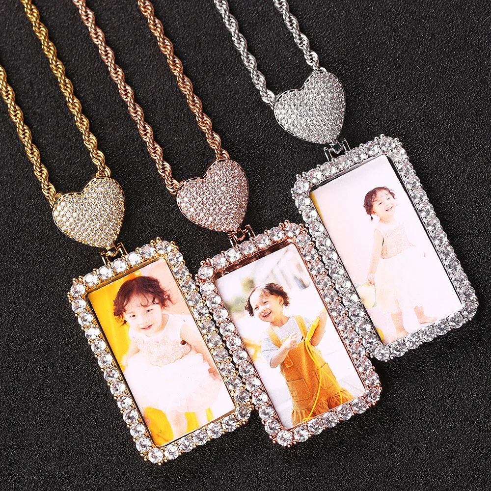 

2 шт./пакет, медальоны с памятью в стиле хип-хоп, фото ожерелье, Bling Iced Out CZ, кубический цирконий, прямоугольное ожерелье с фоторамкой на заказ