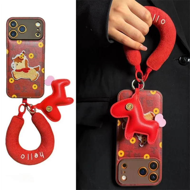 

New Year phone case for iPhone 15 16 17 Pro Max 14 Promax Casing Cute Coins Horse Case 3d embroidered pony red leather cover