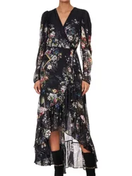 Women Flower Printed Midi Dress V-Neck High Waist Long Sleeve Irregular Hem Vintage Autumn 2024 100% Silk Robe