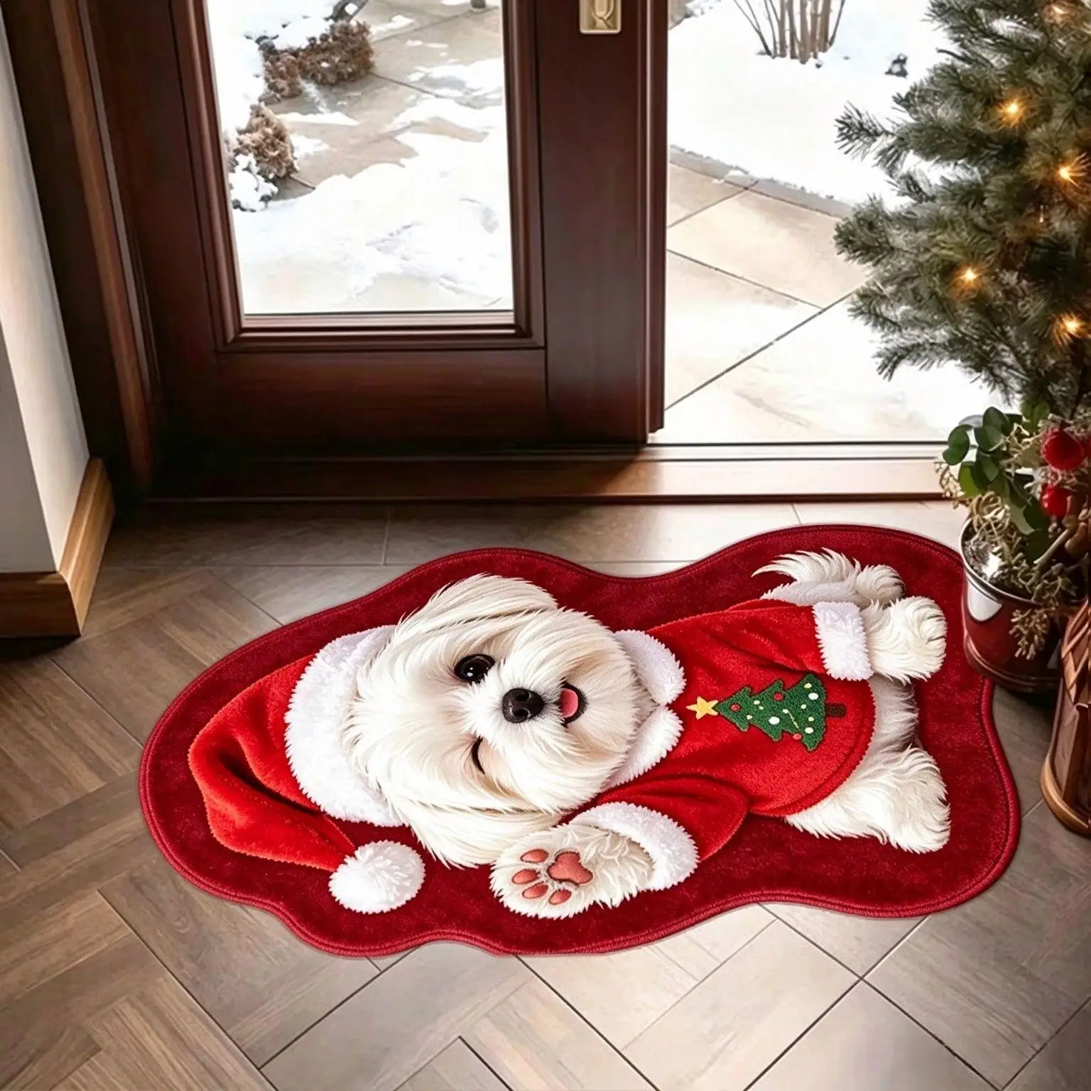 VIKAMA White Puppy Santa Hat Red Sweater Christmas Tree Door Mat, Non Slip Absorbent Soft Plush Mat Front Door, Xmas Decor Gift