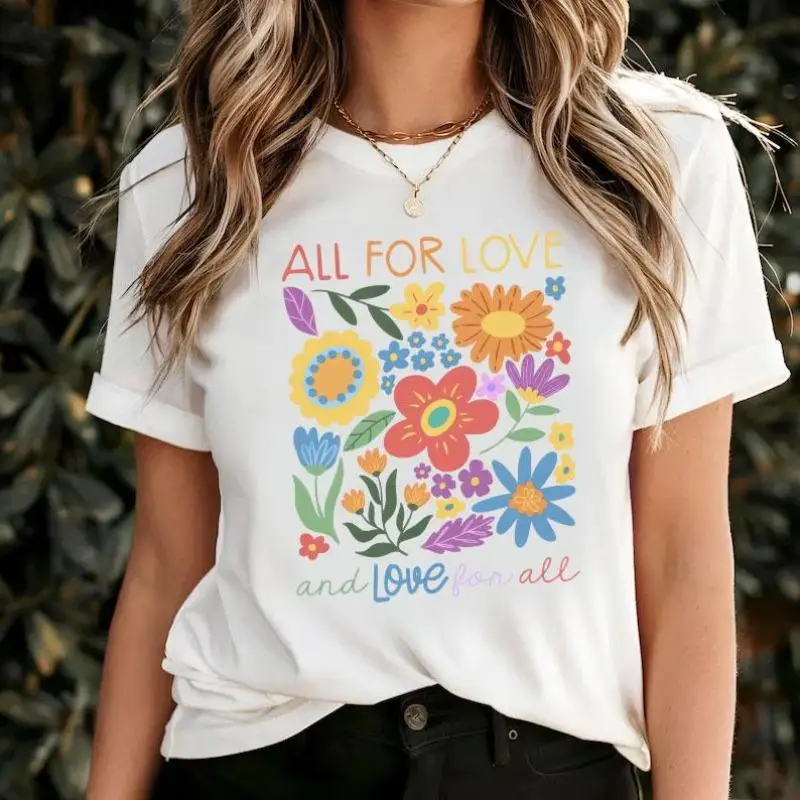 

All For Love T-shirt for Women Y2K Hippie Floral Graphic Tee Peace Slogan Aesthetic Boho Top Love for All Shirt