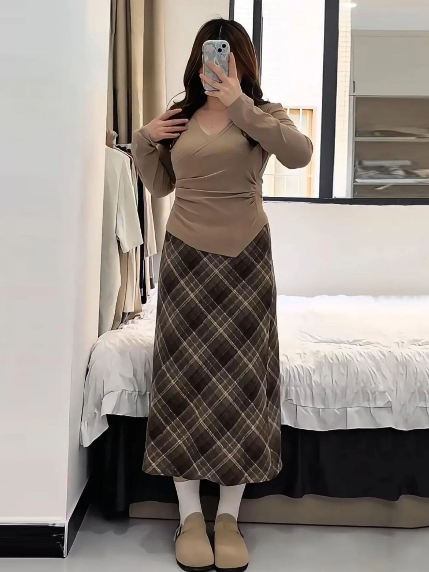 Slimming High Waist A-Line  Skirt for Women Korean Style Vintage Plaid Woolen Skirts Autumn Fashionable Elegant Youthful