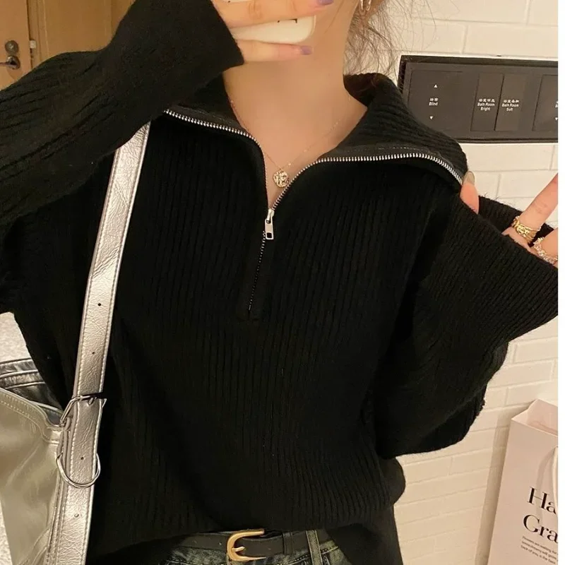 Otoño Invierno nuevo diseño de solapa Base Top mujer perezoso suéter de punto suelto