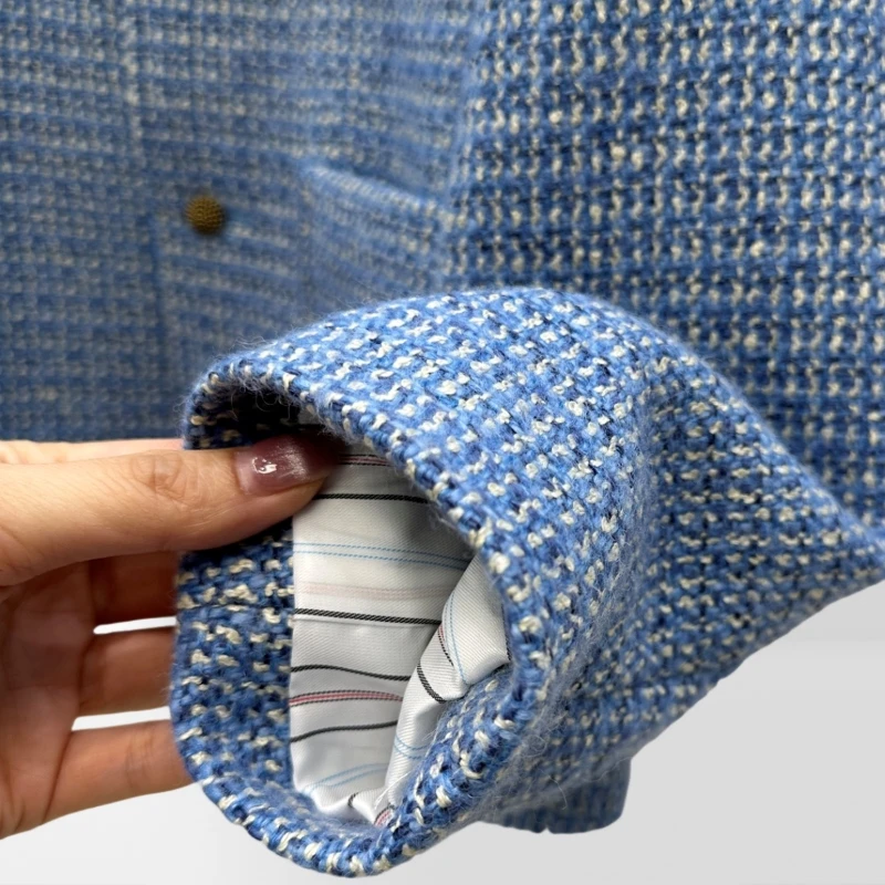 Luxury Wool Blend Tweed Jacket Women Stand Collar Button Front Cropped Blazer Elegant French Style Coat BC2286XX view 5