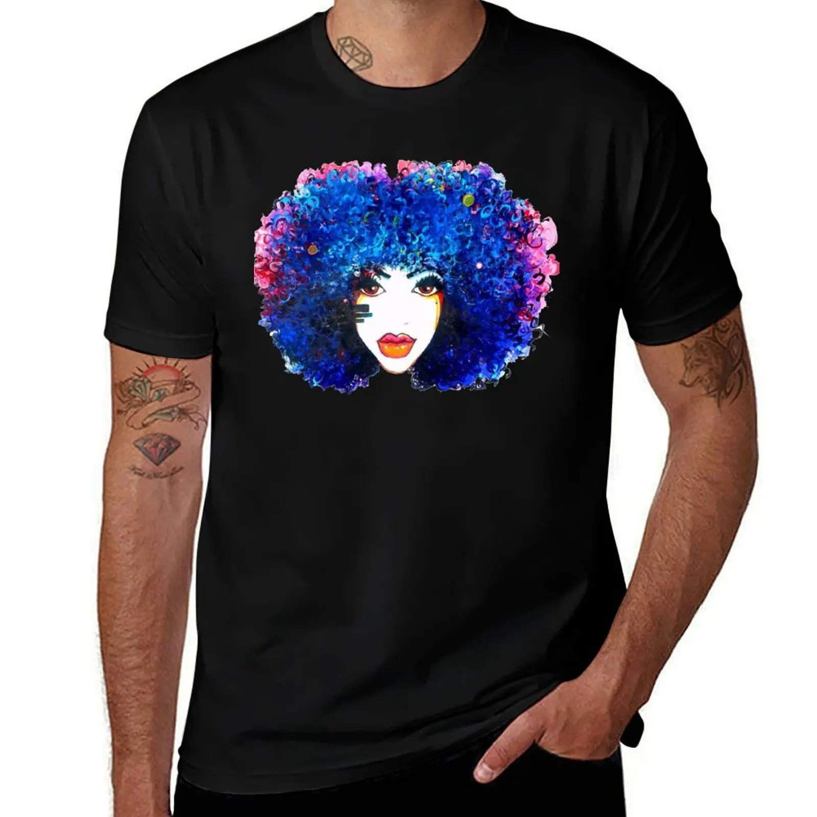 Blue Afro Curly Hair Girl Brown Eyes Natural Hair Queen T-Shirt Summer Festival T-Shirt