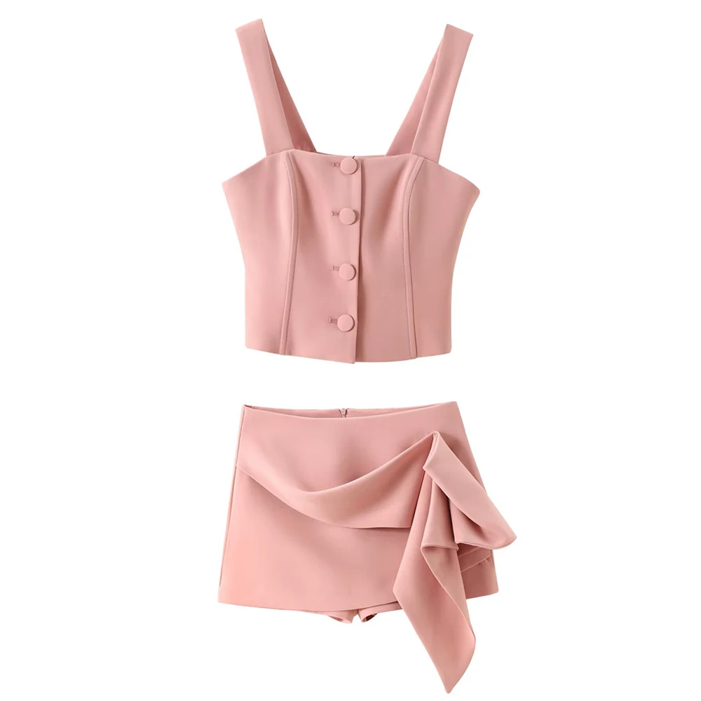 

Corset Vest Short Skirt Suit Pink Overskirt Suit Single Breasted Strap Top Mini Skirt Elegant Mini Culottes for Women Club Party