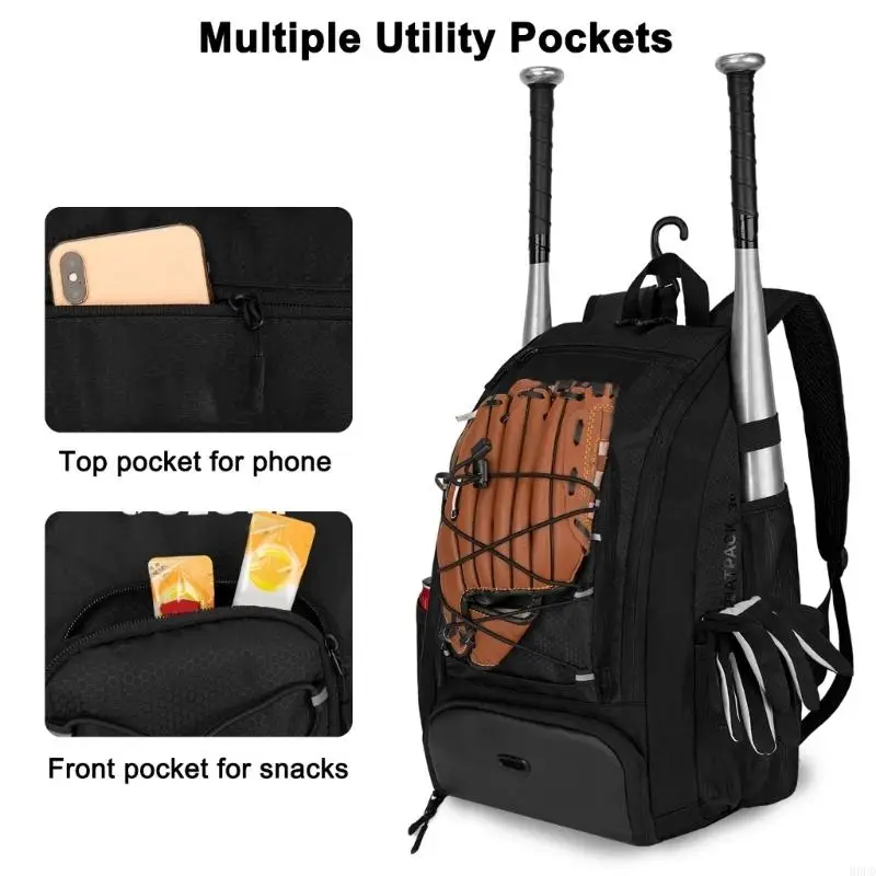 Softball-Ausrüstungsrucksack für unterwegs, Baseball-Ausrüstungstasche mit 4 Schlägerhüllen, organisierter Aufbewahrung und 69HD – Detail 8
