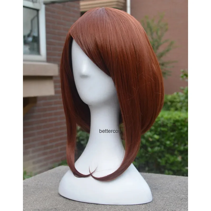 Pelucas de Cosplay de My Hero Academia Boku no Hiro Akademia Uraraka Ochako, pelo sintético corto marrón Bob resistente al calor + gorro de peluca