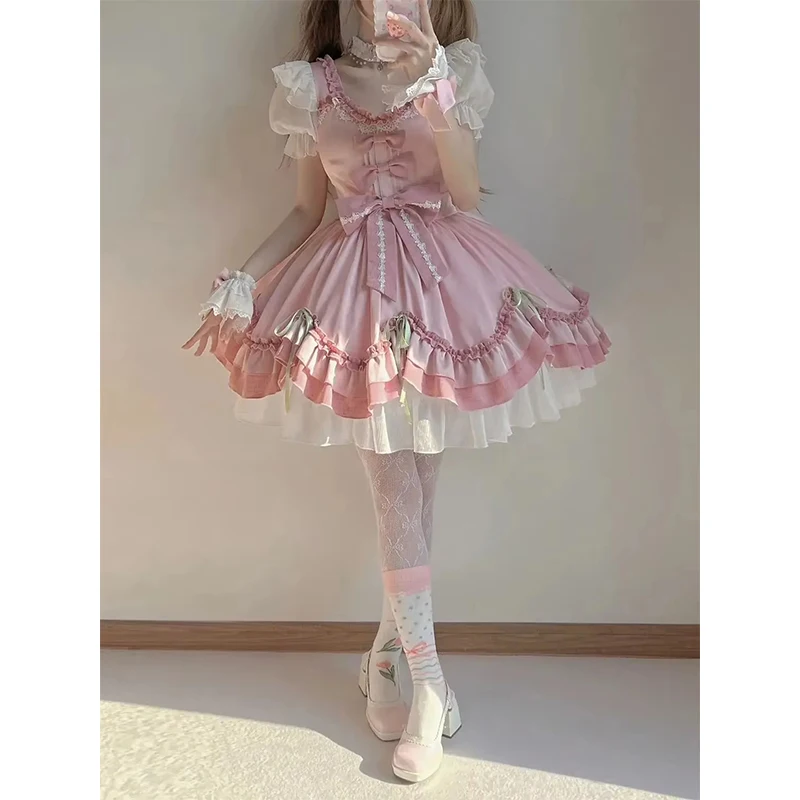 MEXZT 일본 로리타 핑크 미니 드레스 여성 카와이 귀여운 보우 프릴 드레스 여름 파티 댄스 파티 퍼프 반소매 Bodycon Vestidos