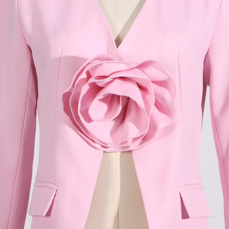 Pink Women Suits 1 Piece Blazer 3D Flower Female Formal Office Lady Business Work Wear Wedding Sexy V Neck Coat Prom Jacket