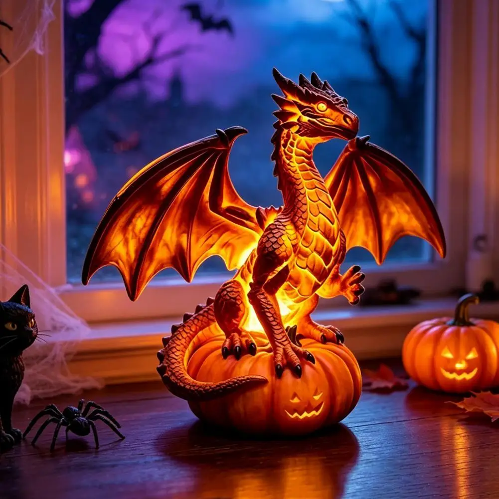 Compact Resin Desktop Ornaments Festive Resin Pumpkin Ornaments Halloween Pumpkin Night Light Resin Led Dragon Tabletop for Home