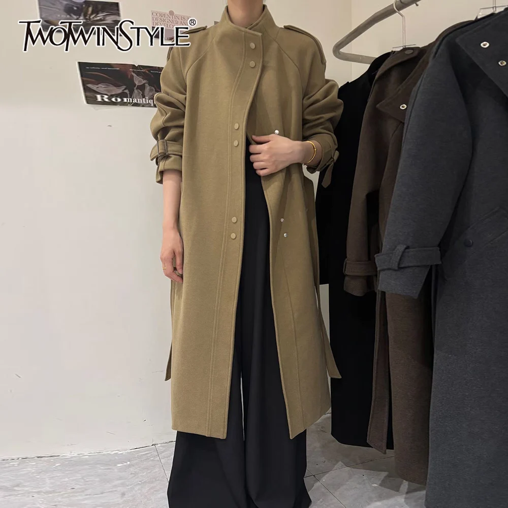 

TWOTWINSTYLE Solid Spliced Lace Up Korean Jacket Female Stand Collar Long Sleeve Loose High End Women's Jackets Autumn Fashion