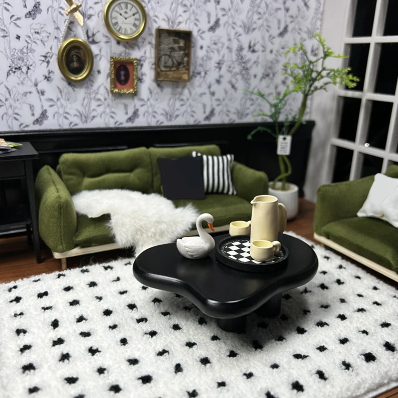 Tapete de pelúcia miniatura Dollhouse, Tapete xadrez preto, Mini tapete de simulação, Modelo de tapete, Sala de estar, Decoração, 1:12, 1:6