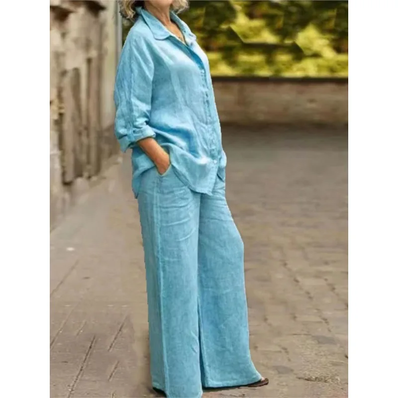 Fashion Cotton Linen Shirt Long Sleeved Women's Set Solid Autumn Loose Linen Wide Leg Trousers Female Office 2piece Set