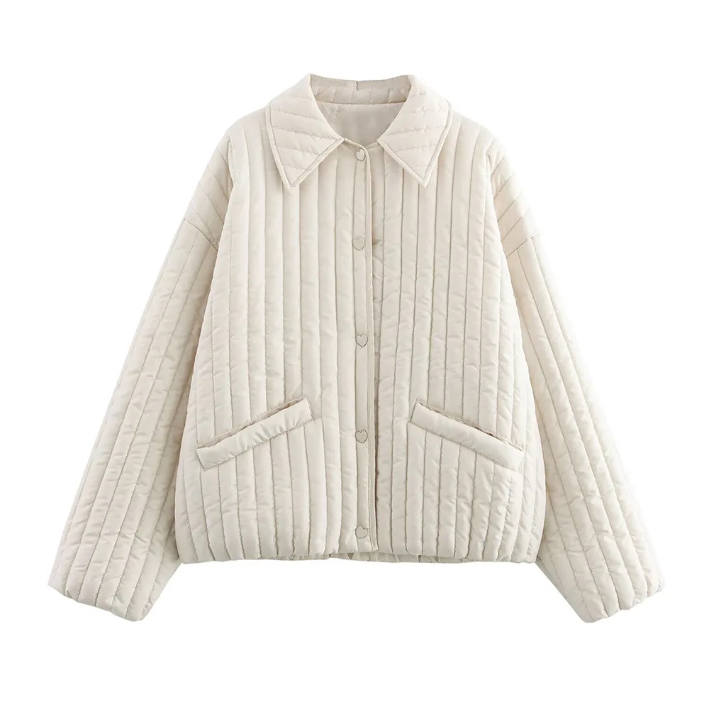 

Woman's Loose Quilted Jacket Lapel Single-breasted Heart-shaped Pocket Long-sleeved Coat Early Autumn New Female Chic Top