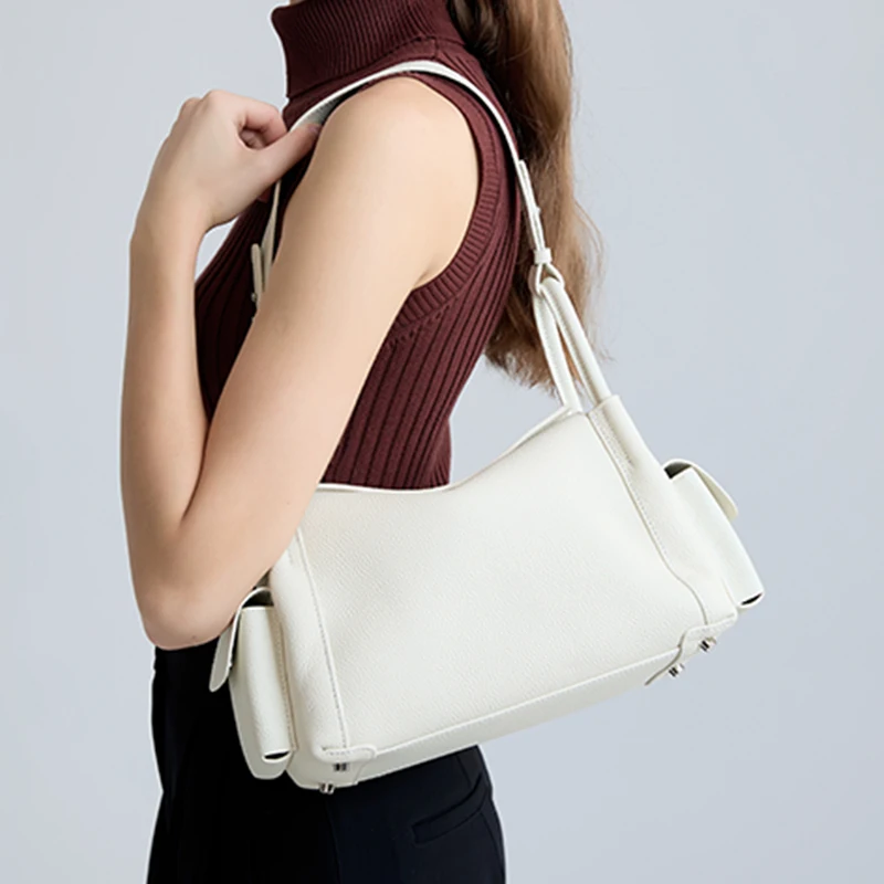 Women's Genuine Cowhide Leather Hobo Shoulder Bag Pebbled Leather Underarm Handbag with Small Pockets Minimalist Commuter Purse