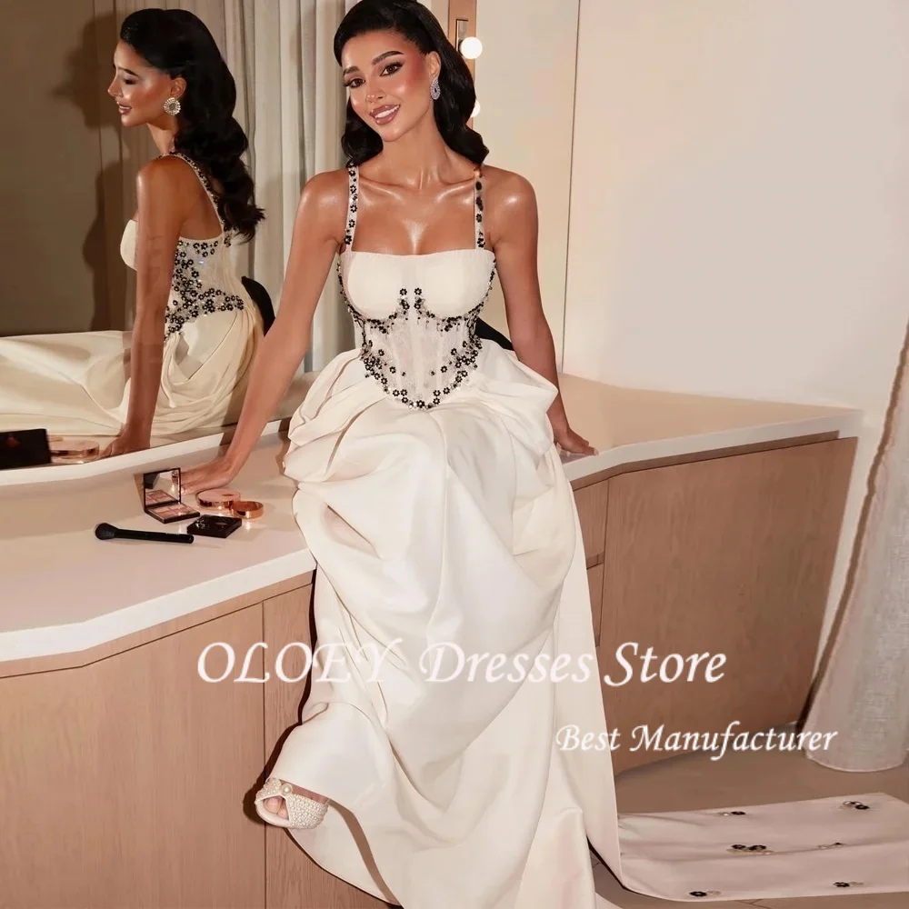 OLOEY Elegantes Spaghettiträger-Abschlussball-Partykleid mit Blumenperlen, bodenlang, maßgeschneidertes Abendkleid