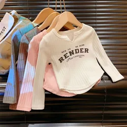 2024 Korean Autumn Baby Girls Tops Cotton Ribbed Letter Long Sleeve Tight Toddler Girls Shirts Bottoming Kids Girls Shirts