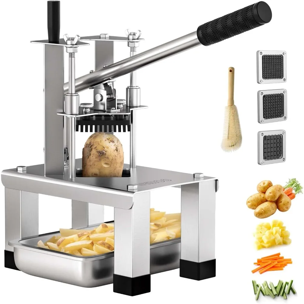 

French Fry Cutter and Vegetable Dicer with 3 Stainless Steel Blades – 3/8, 1/2, 1/4 – Heavy Duty Stainless Steel Pota