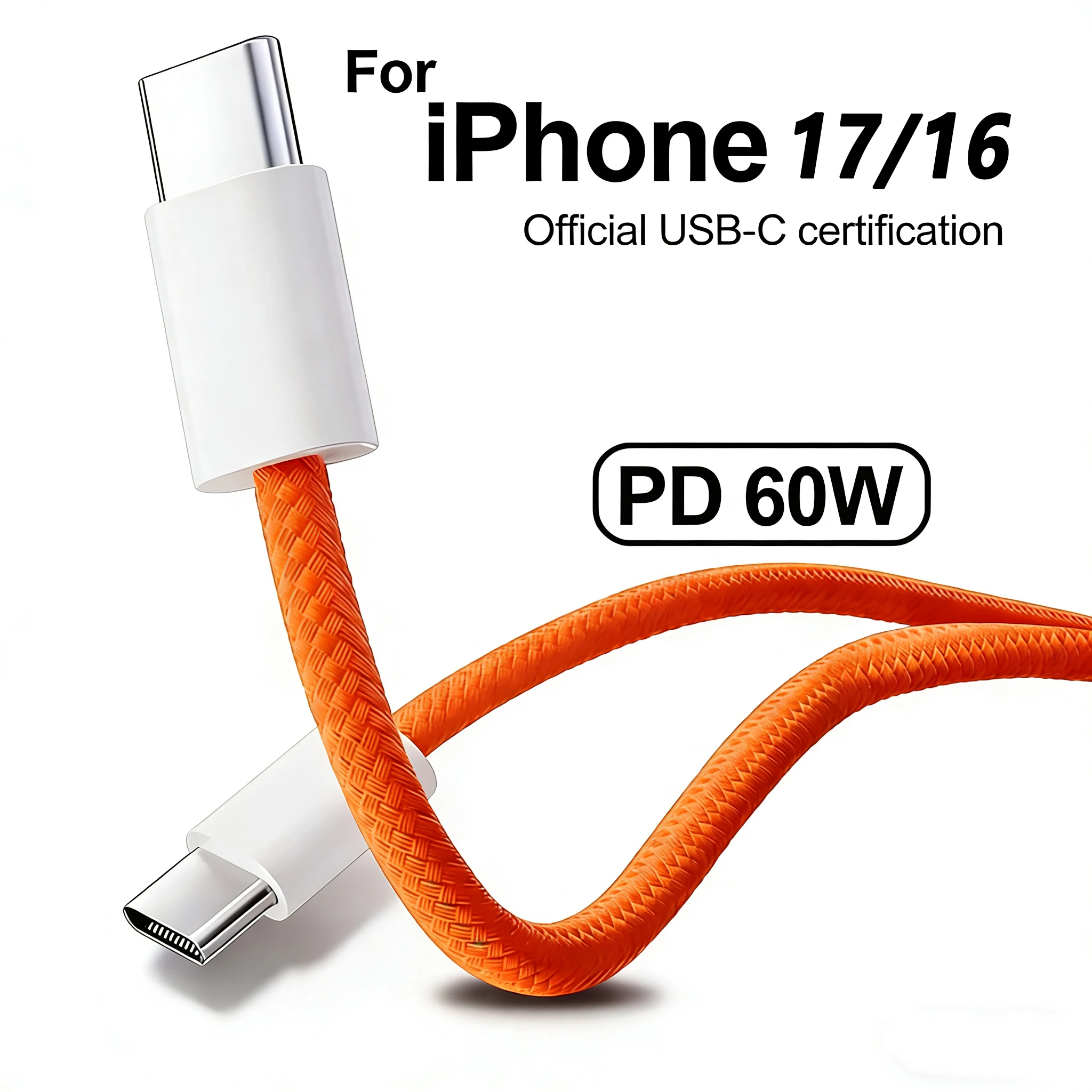 Original USB-C Kabel für iPhone 17 16 Pro 15 Max PD 60W Schnellladung für Xiaomi Samsung Typ C Geflochtenes Kabel Zubehör