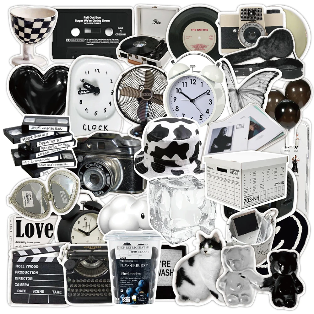 10/30/50pcs Ins Style Retro Black White Art Aesthetic Stickers Waterproof DIY Water Bottle Phone Luggage Cartoon Graffiti Decals